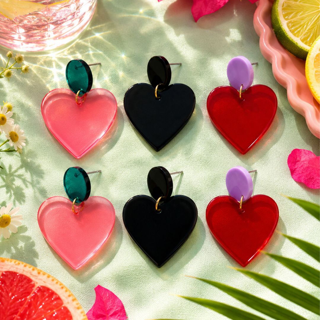 Vienne en Rose Amour Herz Ohrringe - transparent Rosa und Grün, Schwarz und transparent Rot und Violett